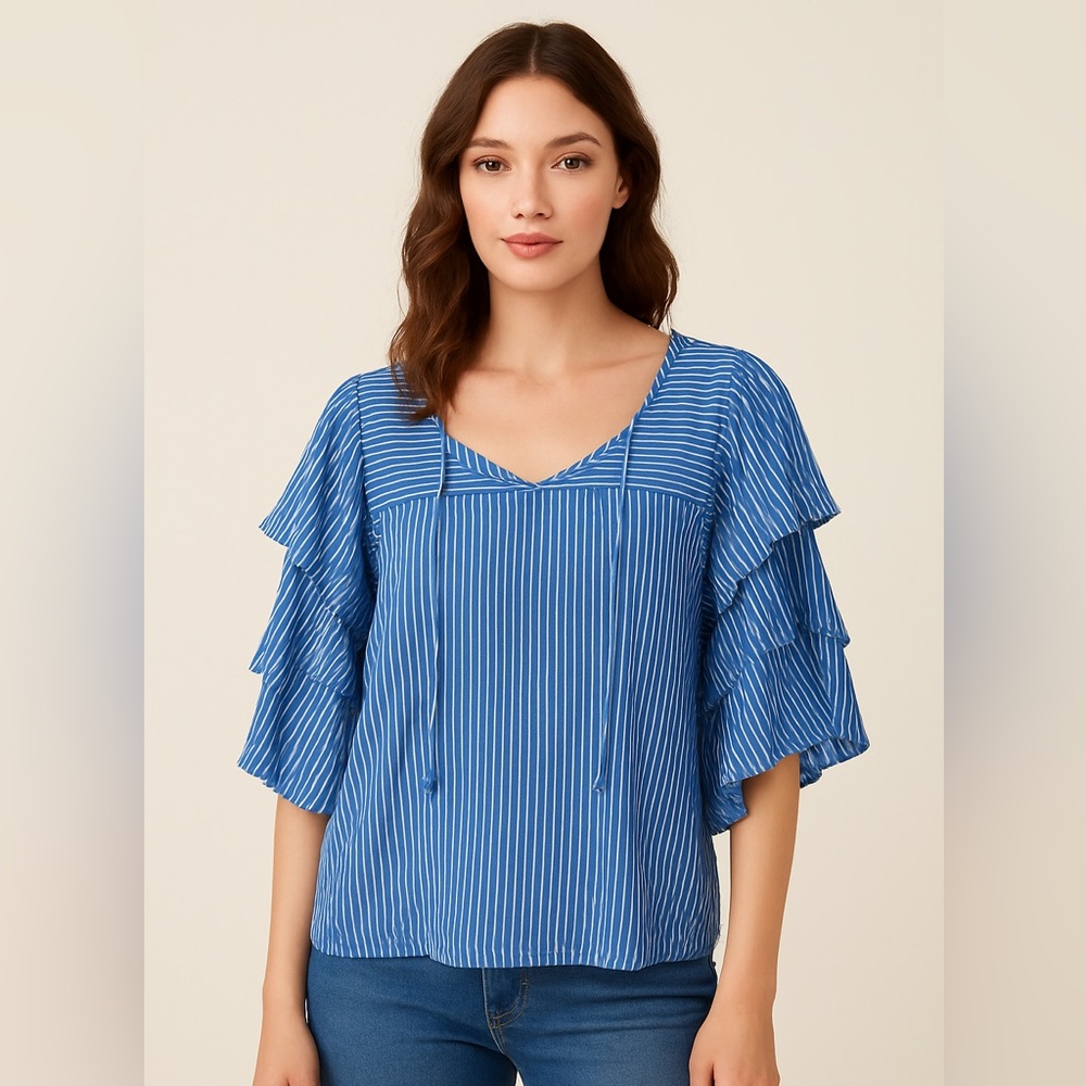Ella Moss M Blue Striped Missy Ruffled Top